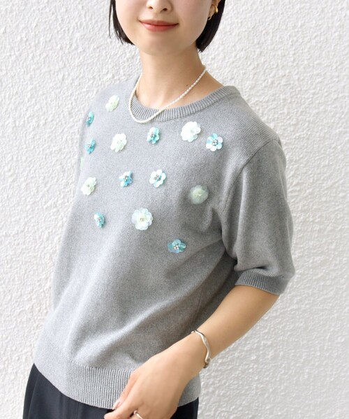 セール】〈手洗い可能〉フラワー ビジュー ショート スリーブ ニット