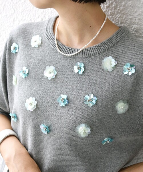セール】〈手洗い可能〉フラワー ビジュー ショート スリーブ ニット
