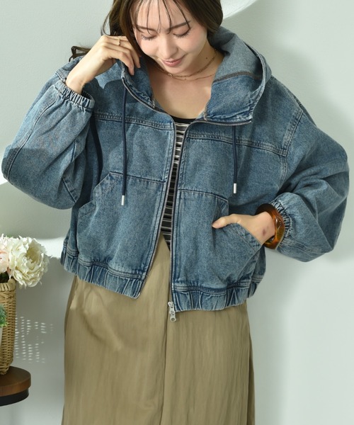 INTERPLANET（インタープラネット）の「デニムフードブルゾン（ブルゾン・レディース・ブラック/ブルー・FREE）」の11枚目の写真