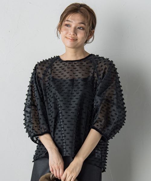 Droite lautreamont(ドロワットロートレアモン)の「ポンポンジャガードブラウス≪洗濯機で洗える≫(シャツ/ブラウス・レディース・オフホワイト/ブラック・M)」の2枚目の写真