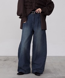 【forksy.】BIGポケットハイウエストワイドテーパードデニムパンツブルー系