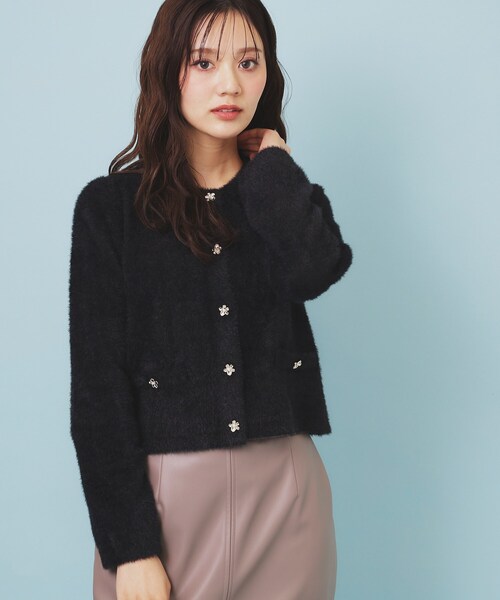 セール】フェザーヤーンフラワーボタンカーディガン【洗濯機OK