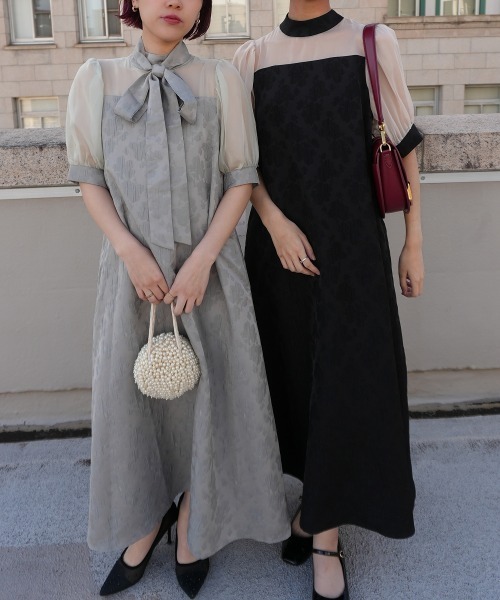 Jolie et Jolie（ジョリーエジョリー）の「マルチwayリボンボウタイ付きジャガードワンピース【低身長サイズS有り]（ドレス・レディース・セージグリーン/ブラウン/ブラック×ベージュ・S/M/L/LL）」の11枚目の写真