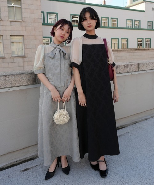 Jolie et Jolie（ジョリーエジョリー）の「マルチwayリボンボウタイ付きジャガードワンピース【低身長サイズS有り]（ドレス・レディース・セージグリーン/ブラウン/ブラック×ベージュ・S/M/L/LL）」の12枚目の写真