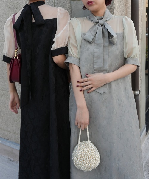 Jolie et Jolie（ジョリーエジョリー）の「マルチwayリボンボウタイ付きジャガードワンピース【低身長サイズS有り]（ドレス・レディース・セージグリーン/ブラウン/ブラック×ベージュ・S/M/L/LL）」の5枚目の写真