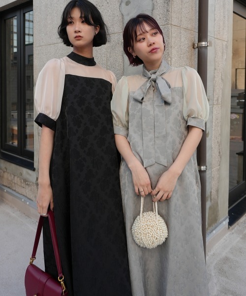 Jolie et Jolie（ジョリーエジョリー）の「マルチwayリボンボウタイ付きジャガードワンピース【低身長サイズS有り]（ドレス・レディース・セージグリーン/ブラウン/ブラック×ベージュ・S/M/L/LL）」の7枚目の写真