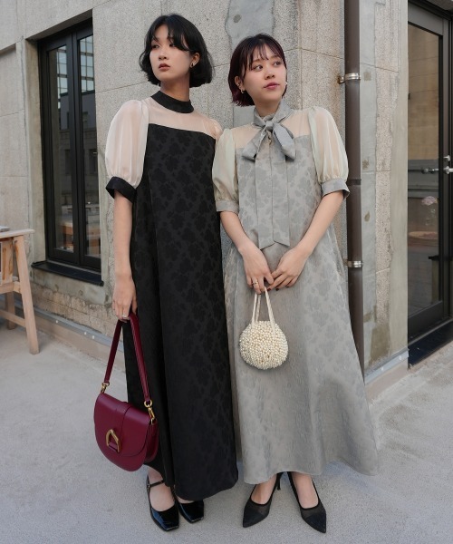 Jolie et Jolie（ジョリーエジョリー）の「マルチwayリボンボウタイ付きジャガードワンピース【低身長サイズS有り]（ドレス・レディース・セージグリーン/ブラウン/ブラック×ベージュ・S/M/L/LL）」の8枚目の写真