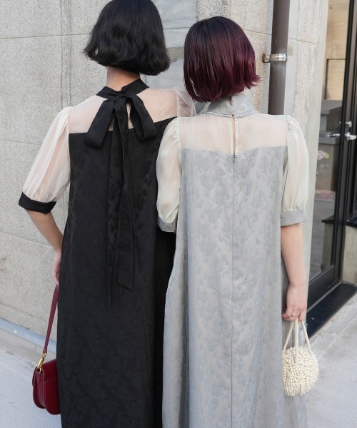 Jolie et Jolie（ジョリーエジョリー）の「マルチwayリボンボウタイ付きジャガードワンピース【低身長サイズS有り]（ドレス・レディース・セージグリーン/ブラウン/ブラック×ベージュ・S/M/L/LL）」の9枚目の写真