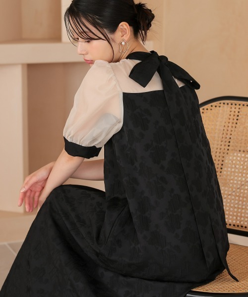 Jolie et Jolie（ジョリーエジョリー）の「マルチwayリボンボウタイ付きジャガードワンピース【低身長サイズS有り]（ドレス・レディース・セージグリーン/ブラウン/ブラック×ベージュ・S/M/L/LL）」の10枚目の写真