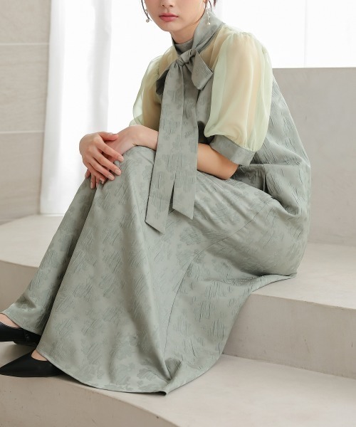 Jolie et Jolie（ジョリーエジョリー）の「マルチwayリボンボウタイ付きジャガードワンピース【低身長サイズS有り]（ドレス・レディース・セージグリーン/ブラウン/ブラック×ベージュ・S/M/L/LL）」の15枚目の写真