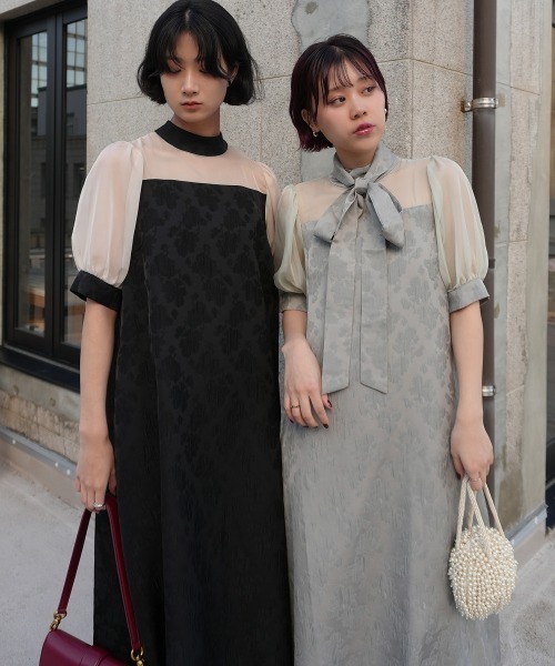 Jolie et Jolie（ジョリーエジョリー）の「マルチwayリボンボウタイ付きジャガードワンピース【低身長サイズS有り]（ドレス・レディース・セージグリーン/ブラウン/ブラック×ベージュ・S/M/L/LL）」の16枚目の写真