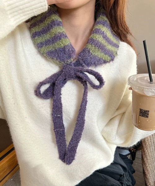 shopnikoniko(ショップニコニコ)の「ボーダー柄 紐付き ニットイヤーマフ(イヤーマフ・レディース・ピンク/ブラック/グリーン/ブルー・フリー)」の3枚目の写真