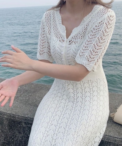 Cielo(シエロ)の「【Cielo/シエロ】CROCHET flare onepiece / クロシェ フレアワンピース(ワンピース・レディース・カーキ/ホワイト/ブラウン・FREE)」の2枚目の写真