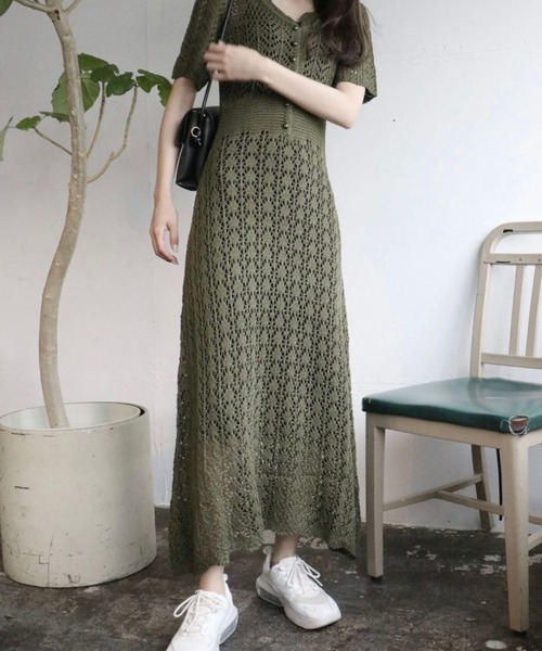 Cielo(シエロ)の「【Cielo/シエロ】CROCHET flare onepiece / クロシェ フレアワンピース(ワンピース・レディース・カーキ/ホワイト/ブラウン・FREE)」の1枚目の写真
