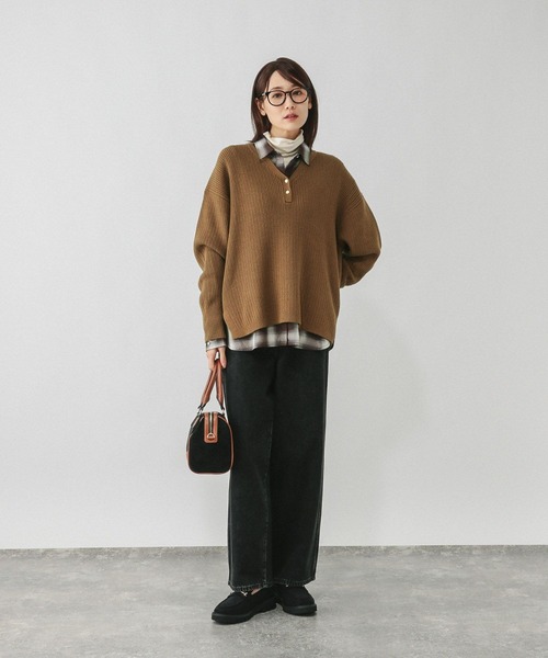 GLOBAL WORK（グローバルワーク）の「毛玉になりにくいキーネック/579675（ニット/セーター・レディース・ブラウン/ネイビー/ライトブルー/アイボリー・LARGE/MEDIUM）」の19枚目の写真