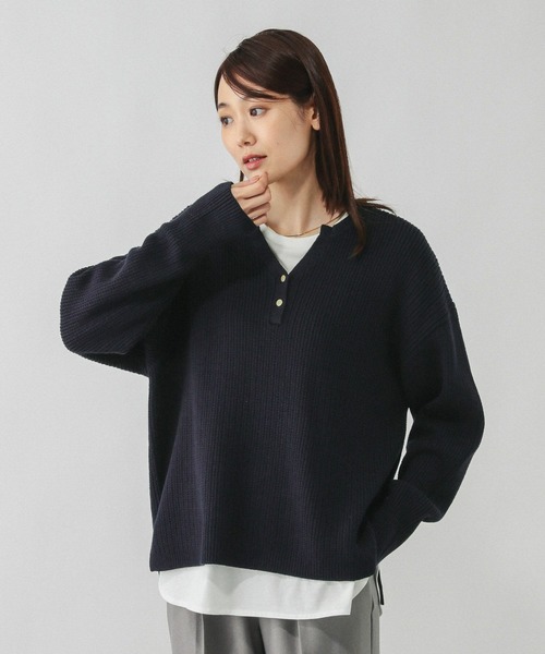 GLOBAL WORK（グローバルワーク）の「毛玉になりにくいキーネック/579675（ニット/セーター・レディース・ブラウン/ネイビー/ライトブルー/アイボリー・LARGE/MEDIUM）」の7枚目の写真