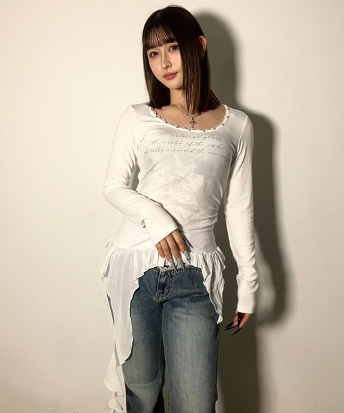 .KOM(ドットコム)の「A'GEM/9 × .kom 『.KOMZ/ドットケーオーエムゼット』 シャドウフリル シアーロングスリーブカットソー(Tシャツ/カットソー・レディース・ホワイト/グレー・FREE)」の6枚目の写真