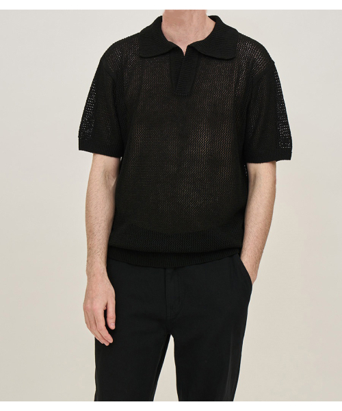 BLACKBROWN（ブラックブラウン）の「クロシェリネンオープンカラー ニット [ブラック]（ニット/セーター・メンズ・ブラック・MEDIUM/LARGE）」の4枚目の写真