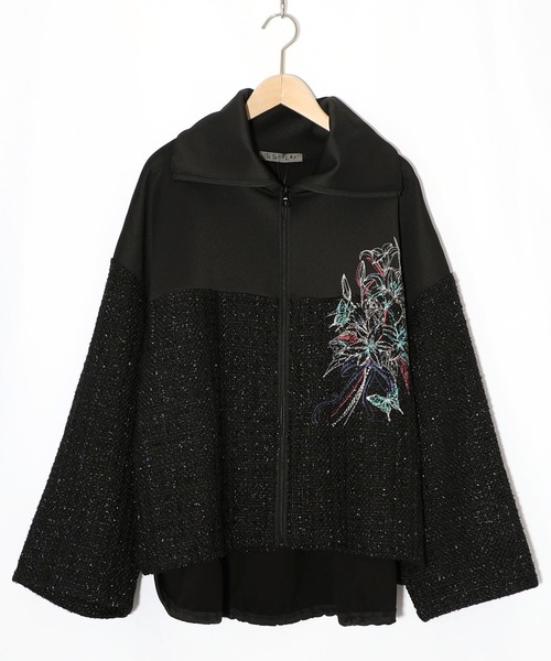 セール】553294：ダンボールニット×ツイード花刺繍ブルゾン（ブルゾン