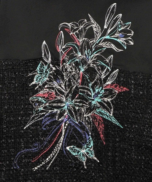 セール】553294：ダンボールニット×ツイード花刺繍ブルゾン（ブルゾン