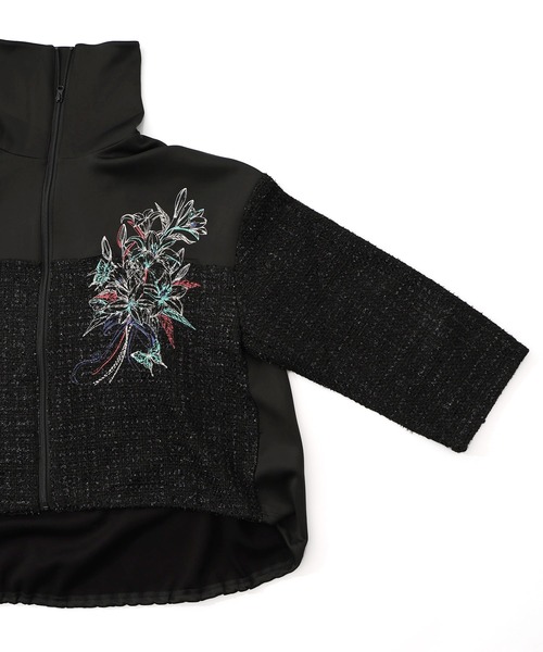 セール】553294：ダンボールニット×ツイード花刺繍ブルゾン（ブルゾン