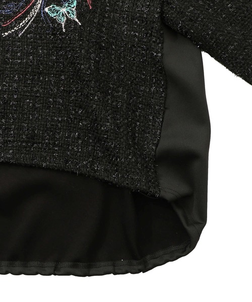 セール】553294：ダンボールニット×ツイード花刺繍ブルゾン（ブルゾン