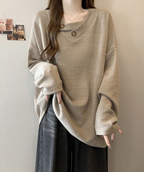 SallyLunn(サリーラン)の「ボタンアクセントリブオーバートップス(Tシャツ/カットソー・レディース・ベージュ/スミクロ/グレー・MEDIUM/LARGE)」の8枚目の写真