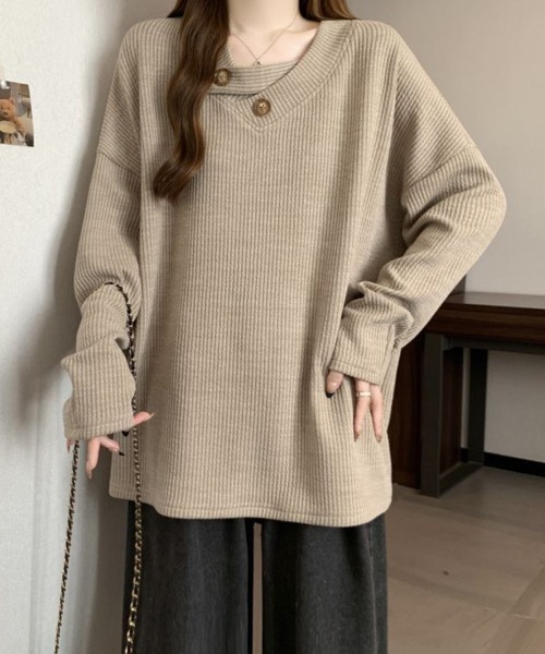 SallyLunn(サリーラン)の「ボタンアクセントリブオーバートップス(Tシャツ/カットソー・レディース・ベージュ/スミクロ/グレー・MEDIUM/LARGE)」の11枚目の写真