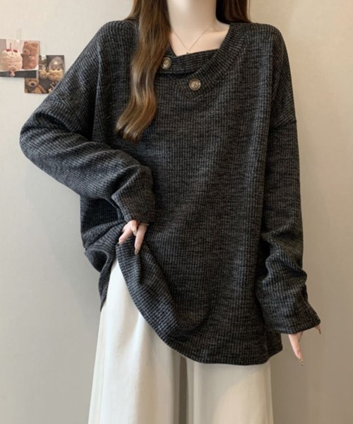 SallyLunn(サリーラン)の「ボタンアクセントリブオーバートップス(Tシャツ/カットソー・レディース・ベージュ/スミクロ/グレー・MEDIUM/LARGE)」の12枚目の写真