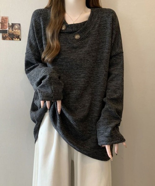 SallyLunn(サリーラン)の「ボタンアクセントリブオーバートップス(Tシャツ/カットソー・レディース・ベージュ/スミクロ/グレー・MEDIUM/LARGE)」の13枚目の写真