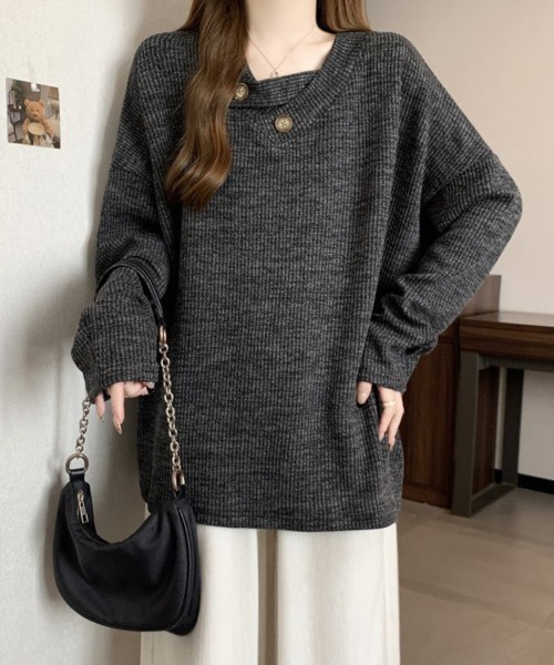 SallyLunn(サリーラン)の「ボタンアクセントリブオーバートップス(Tシャツ/カットソー・レディース・ベージュ/スミクロ/グレー・MEDIUM/LARGE)」の15枚目の写真