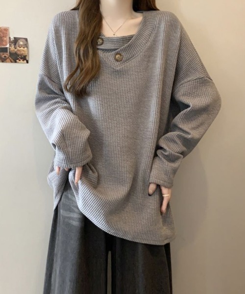 SallyLunn(サリーラン)の「ボタンアクセントリブオーバートップス(Tシャツ/カットソー・レディース・ベージュ/スミクロ/グレー・MEDIUM/LARGE)」の18枚目の写真
