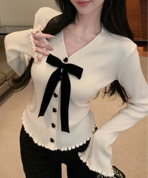 kirakiraShop（キラキラショップ）の「リボン付き Vネック リブ ニット カーディガン（カーディガン/ボレロ・レディース・ブラック/オフホワイト/グレー/レッド・FREE）」の7枚目の写真