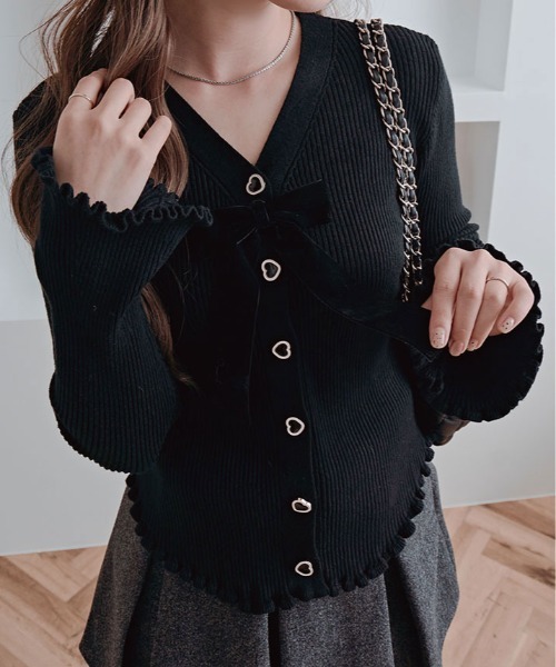 kirakiraShop（キラキラショップ）の「リボン付き Vネック リブ ニット カーディガン（カーディガン/ボレロ・レディース・ブラック/オフホワイト/グレー/レッド・FREE）」の14枚目の写真