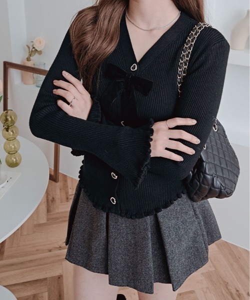 kirakiraShop（キラキラショップ）の「リボン付き Vネック リブ ニット カーディガン（カーディガン/ボレロ・レディース・ブラック/オフホワイト/グレー/レッド・FREE）」の15枚目の写真