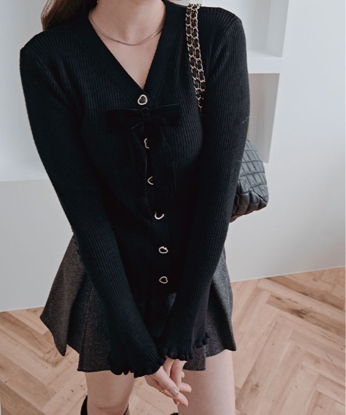kirakiraShop（キラキラショップ）の「リボン付き Vネック リブ ニット カーディガン（カーディガン/ボレロ・レディース・ブラック/オフホワイト/グレー/レッド・FREE）」の17枚目の写真