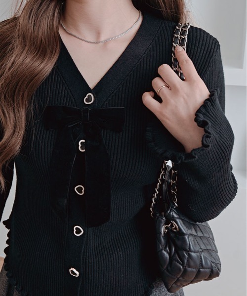 kirakiraShop（キラキラショップ）の「リボン付き Vネック リブ ニット カーディガン（カーディガン/ボレロ・レディース・ブラック/オフホワイト/グレー/レッド・FREE）」の18枚目の写真