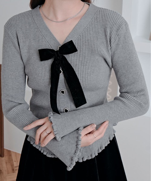 kirakiraShop（キラキラショップ）の「リボン付き Vネック リブ ニット カーディガン（カーディガン/ボレロ・レディース・ブラック/オフホワイト/グレー/レッド・FREE）」の22枚目の写真