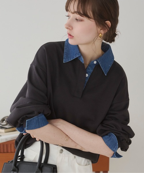 ANGIE（アンジー）の「デニム襟 ドッキング フェイクレイヤード スウェット トップス（スウェット・レディース・アイボリー/チャコール/ネイビー/ライトグレー・FREE）」の4枚目の写真