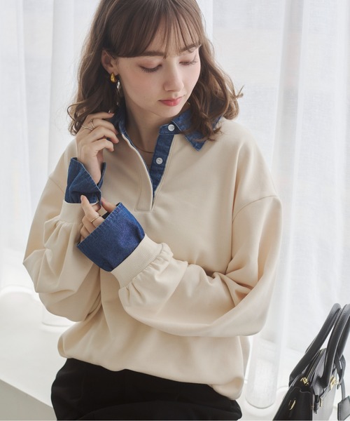 ANGIE（アンジー）の「デニム襟 ドッキング フェイクレイヤード スウェット トップス（スウェット・レディース・アイボリー/チャコール/ネイビー/ライトグレー・FREE）」の2枚目の写真