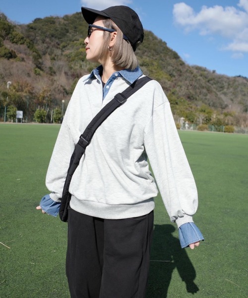 ANGIE（アンジー）の「デニム襟 ドッキング フェイクレイヤード スウェット トップス（スウェット・レディース・アイボリー/チャコール/ネイビー/ライトグレー・FREE）」の13枚目の写真