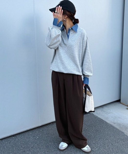 ANGIE（アンジー）の「デニム襟 ドッキング フェイクレイヤード スウェット トップス（スウェット・レディース・アイボリー/チャコール/ネイビー/ライトグレー・FREE）」の14枚目の写真