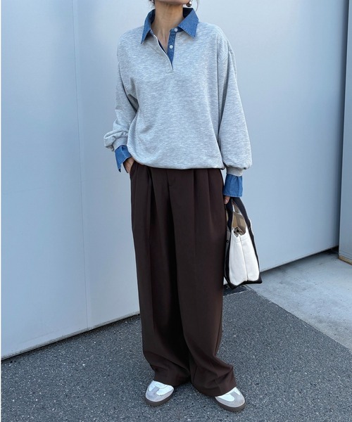 ANGIE（アンジー）の「デニム襟 ドッキング フェイクレイヤード スウェット トップス（スウェット・レディース・アイボリー/チャコール/ネイビー/ライトグレー・FREE）」の15枚目の写真