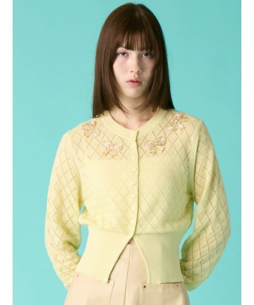 FURFUR（ファーファー）の「リボンビーズ刺繍アイレットカーディガン（カーディガン/ボレロ・レディース・ブラック/ホワイト/ライム・F）」の3枚目の写真