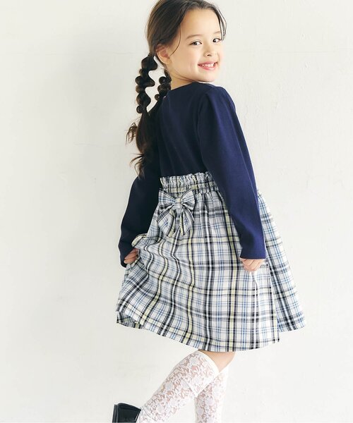 apres les cours（アプレレクール）の「フロントボタンドッキングワンピース_ジュニア対応（ワンピース・キッズ・ドット/チェック・140/130/120/110/100/90/80）」の2枚目の写真