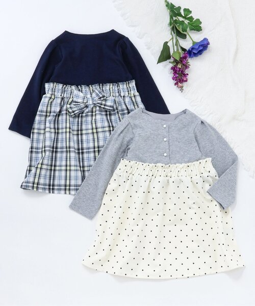 apres les cours（アプレレクール）の「フロントボタンドッキングワンピース_ジュニア対応（ワンピース・キッズ・ドット/チェック・140/130/120/110/100/90/80）」の7枚目の写真