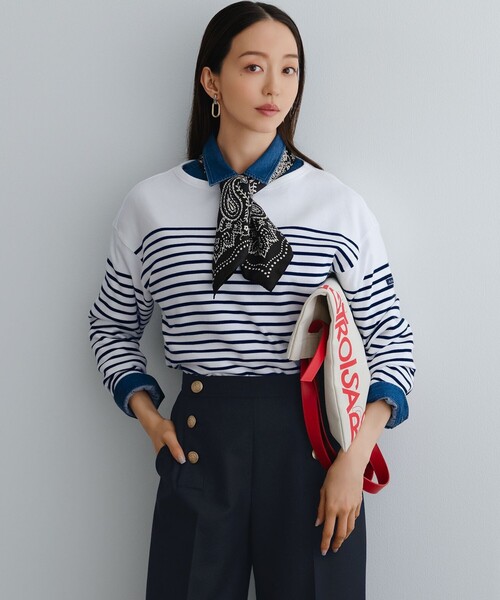 23区 S(ニジュウサンクチイサイサイズ)の「Armor-lux パネルボーダー クロップド カットソー(Tシャツ/カットソー・レディース・スカイブルー系1/ライトグリーン系1/ピンク系1/ネイビー系1・32)」の3枚目の写真
