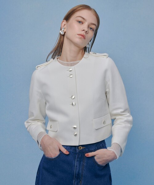 LOULOU WILLOUGHBY(ルルウィルビー)の「【LOULOU WILLOUGHBY】コットンダブルクロスジャケット(ノーカラージャケット・レディース・ホワイト/ブラック・2/1)」の2枚目の写真