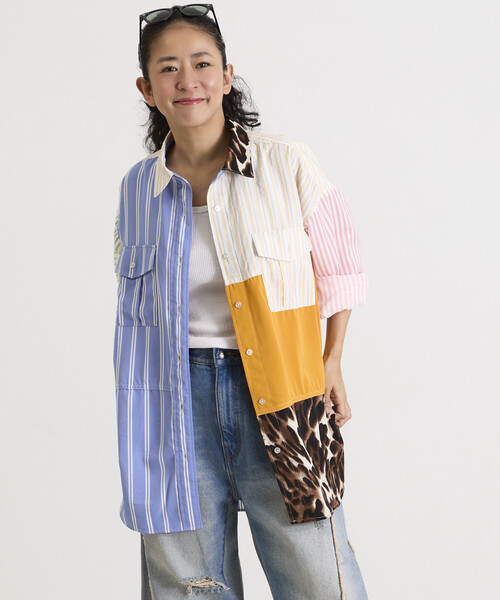 Freada(フリーダ)の「Freada/フリーダ パッチワーク ビッグシャツ(シャツ/ブラウス・レディース・ブルー/ブラック・ONE SIZE)」の3枚目の写真