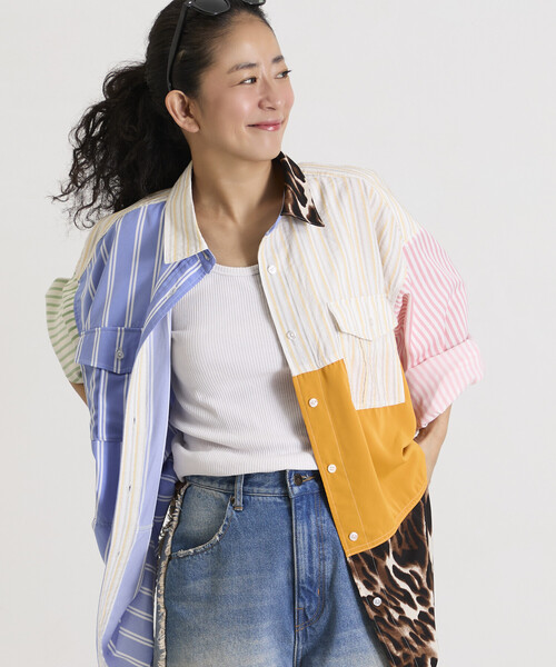 Freada(フリーダ)の「Freada/フリーダ パッチワーク ビッグシャツ(シャツ/ブラウス・レディース・ブルー/ブラック・ONE SIZE)」の4枚目の写真